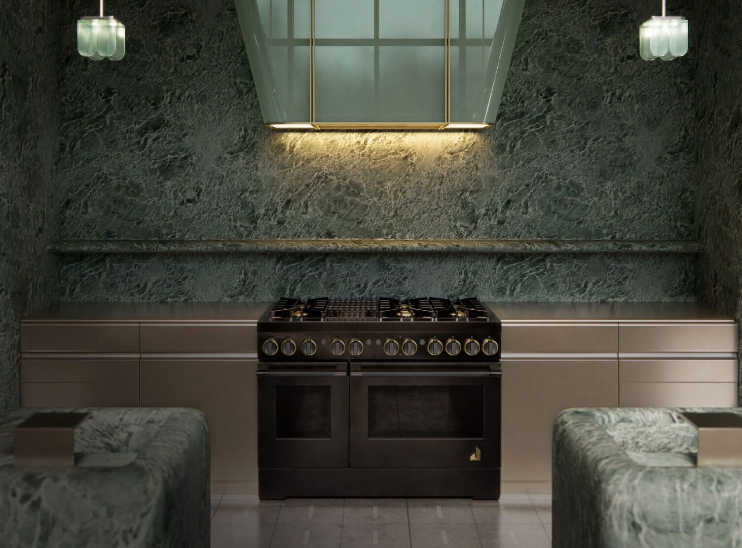 The Smoke & Brass range in a subdued green kitchen designed by Kelly Wearstler. 