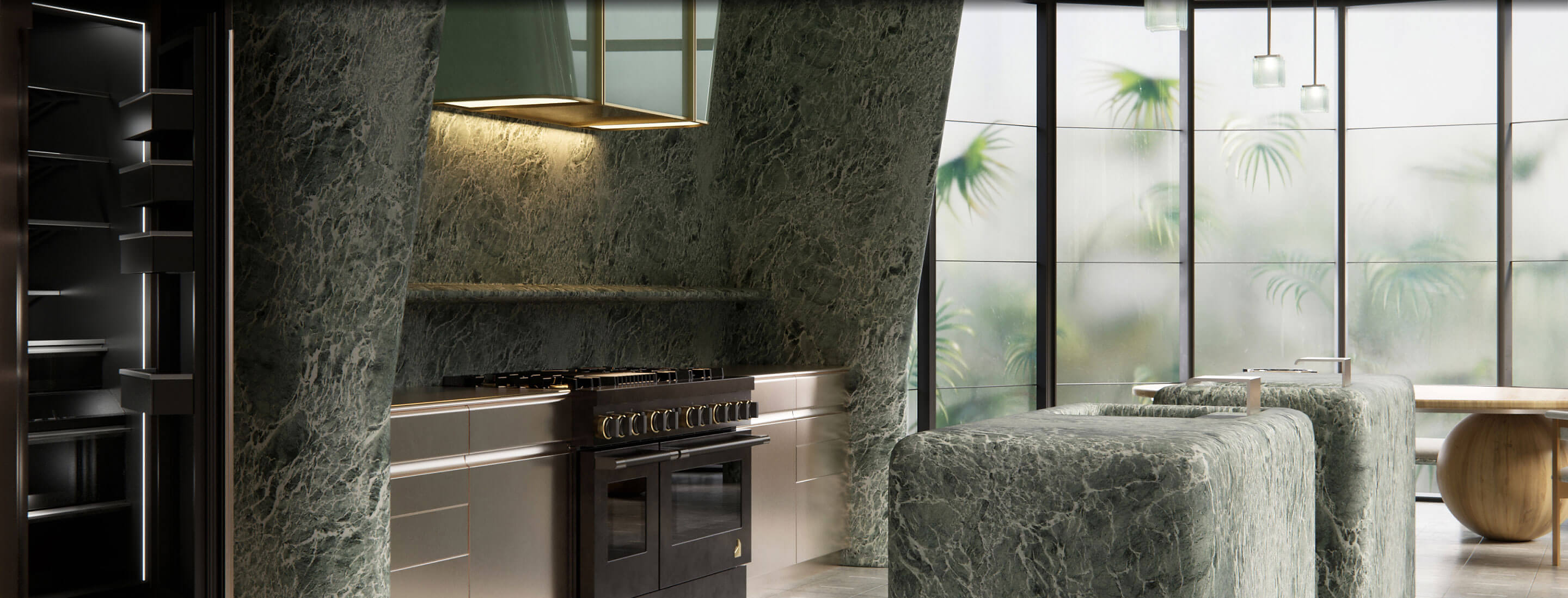 The kitchen designed by Kelly Wearstler with the JennAir® Smoke & Brass range at the center.