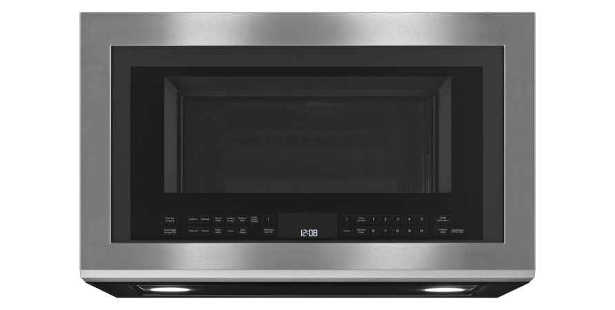 A stainless Jenn-Air over-the-range microwave