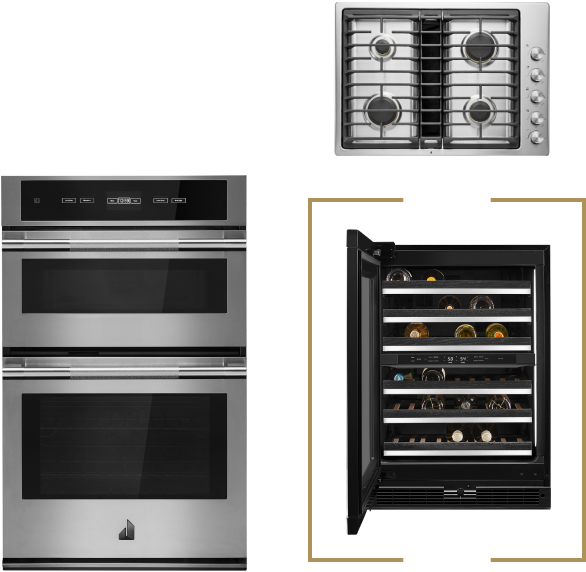 A JennAir® microwave combination wall oven, a gas cooktop and two wine cellars.