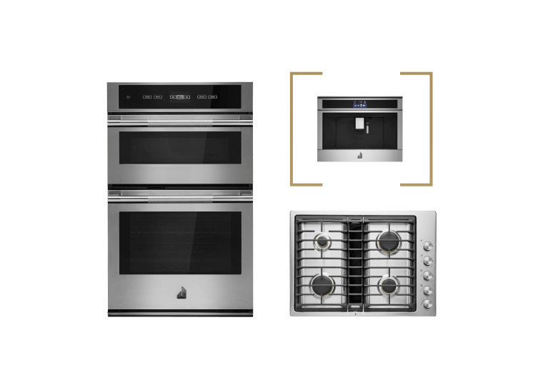 A JennAir® microwave combination wall oven, an espresso system and gas cooktop. 