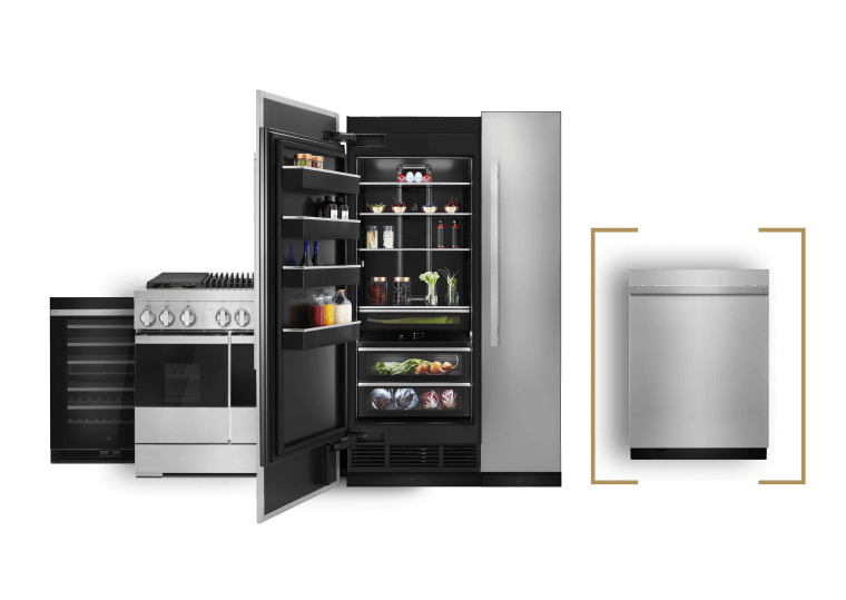 A JennAir® built-in refrigerator, range, wine cellar and dishwasher.