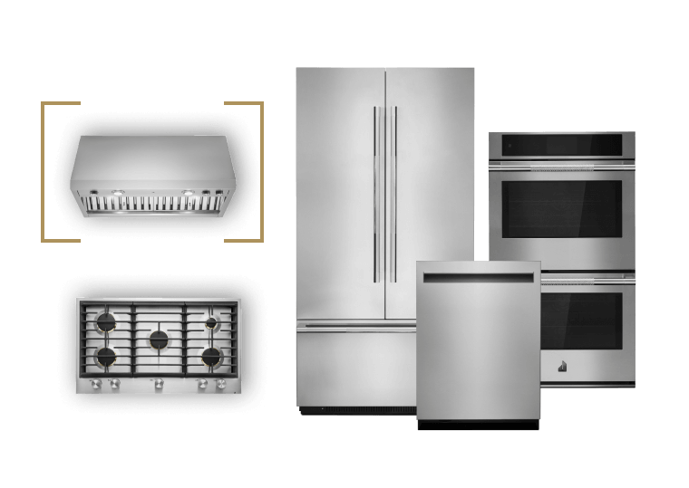 A JennAir® ventilation system, gas cooktop, pair of stacked wall ovens, built-in refrigerator and built-in dishwasher. 