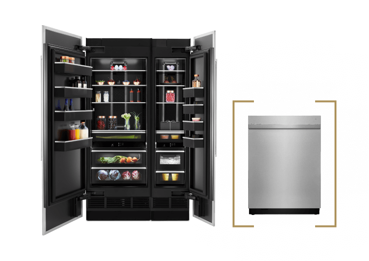A JennAir® column refrigerator, column freezer and dishwasher in the NOIR™ Design Expression. 