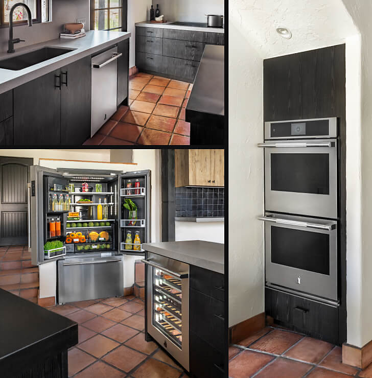 A Mediterranean kitchen featuring a suite of JennAir appliances. 