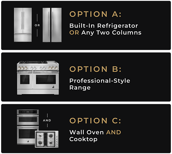 A built-in refrigerator and column pairing, a professional-style range, a double wall oven and gas cooktop.