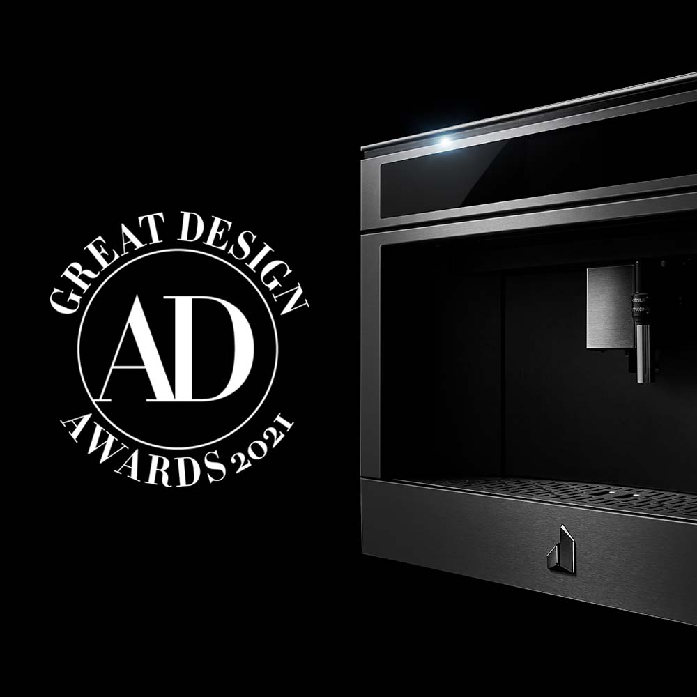 A JennAir built-in coffee system next to the Architectural Digest 2021 Great Design Award logo. 
