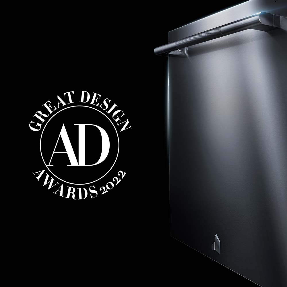 A JennAir dishwasher next to the Architectural Digest 2022 Great Design Award logo. 
