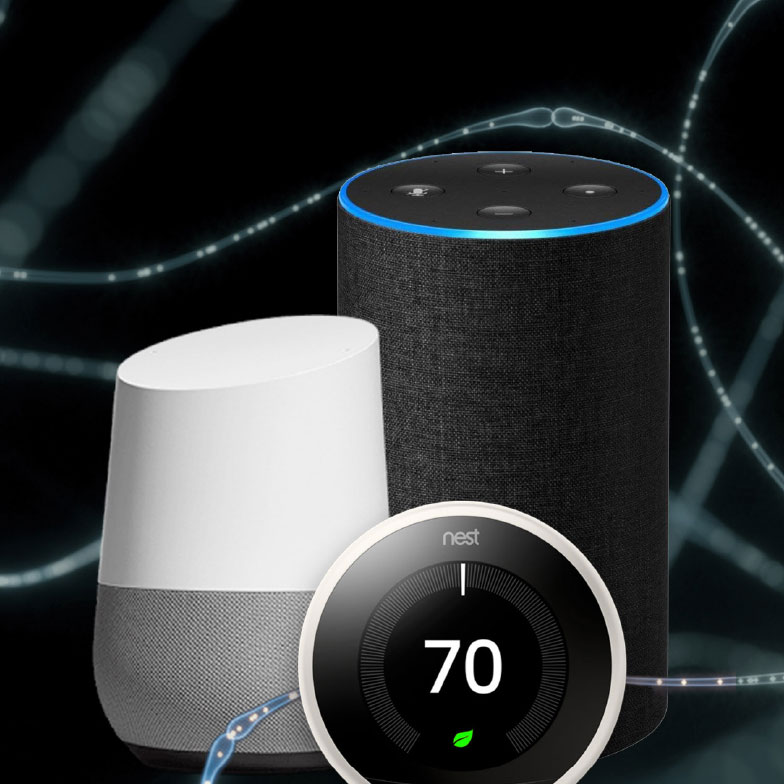 An Amazon Alexa Speaker, Google Home Speaker and Google Nest. 