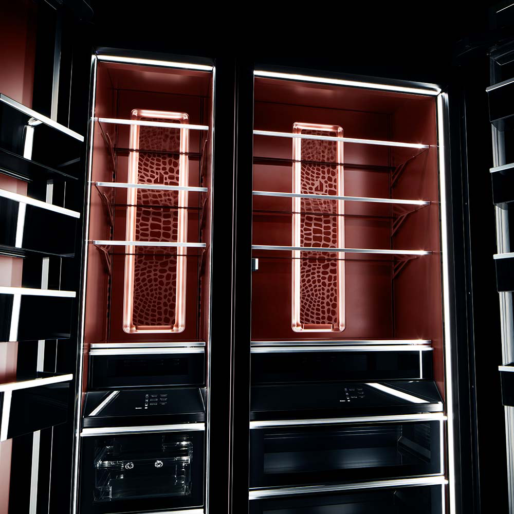 The interior of JennAir's Burlesque column refrigerator and freezer. 