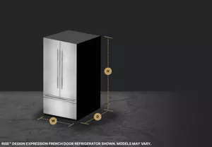 A JennAir® French Door built-in refrigerator with height, width and depth dimensions shown.