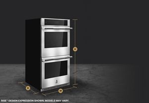 A JennAir® double wall oven, with height, width and depth dimensions shown.