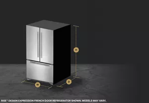 A JennAir® French Door freestanding refrigerator with height, width and depth dimensions shown.