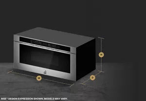 A JennAir® microwave with height, width and depth dimensions shown.