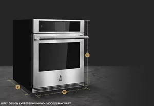 A JennAir® wall oven, with height, width and depth dimensions shown.