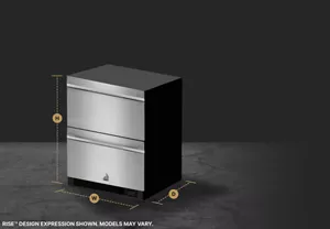A JennAir® undercounter refrigerator drawers with height, width and depth dimensions shown.