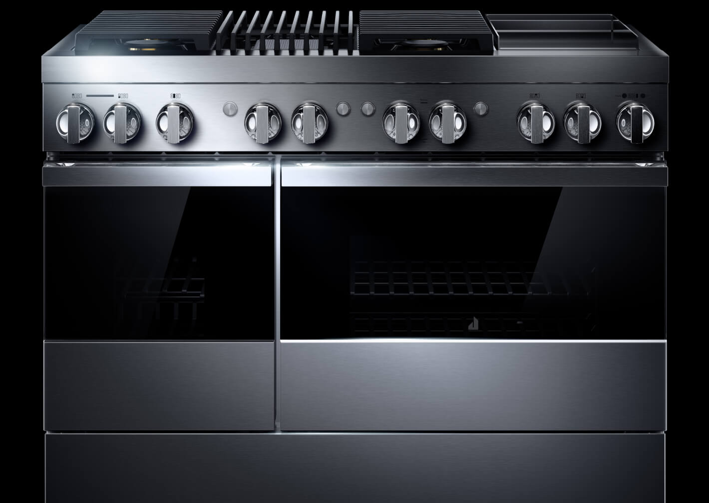 A 48" NOIR Professional-Style Range with a Chrome-Infused Griddle.
