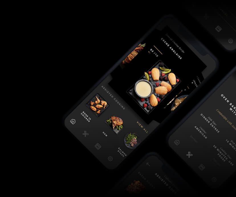 A grouping of JennAir® app screens showing preheating and recipe cards.