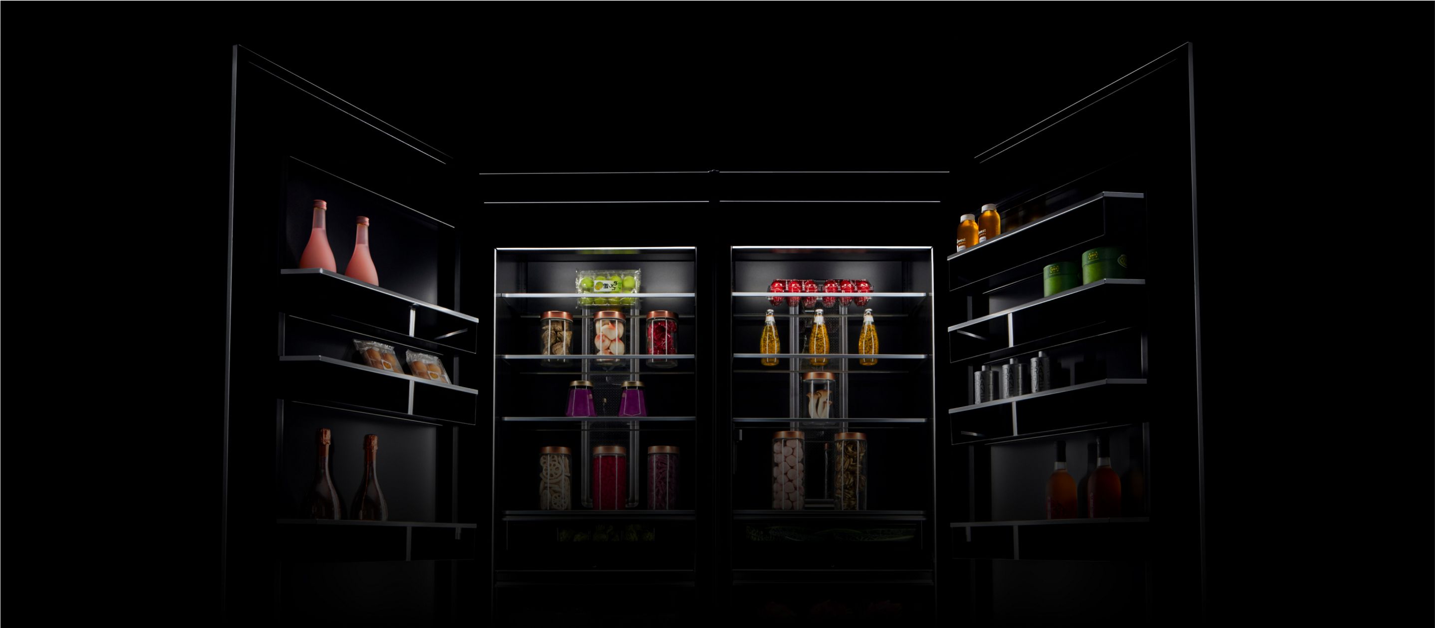 An open pair of JennAir[®] Columns, stocked with vibrantly colored items.