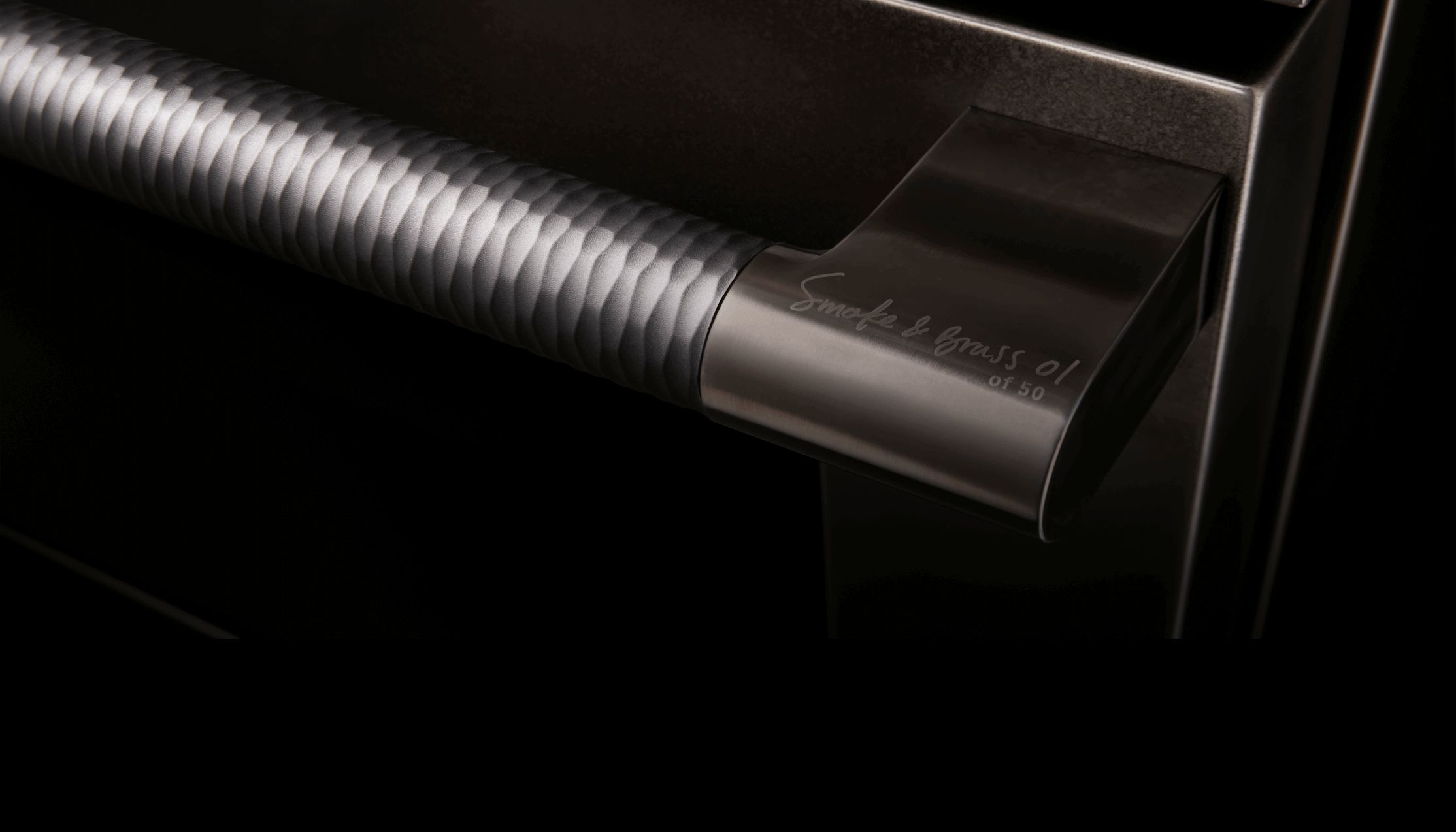 The numbered etching on the handle standoff of the Smoke & Brass range.