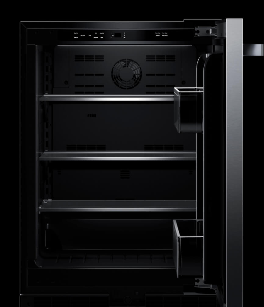 The interior of an undercounter refrigerator displaying the rich Obsidian black interior.