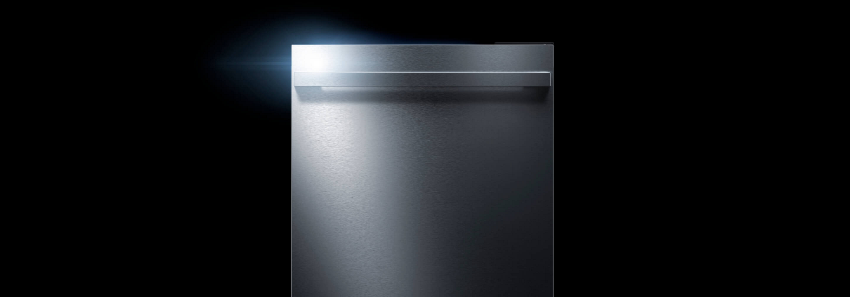 A stainless steel undercounter refrigerator.