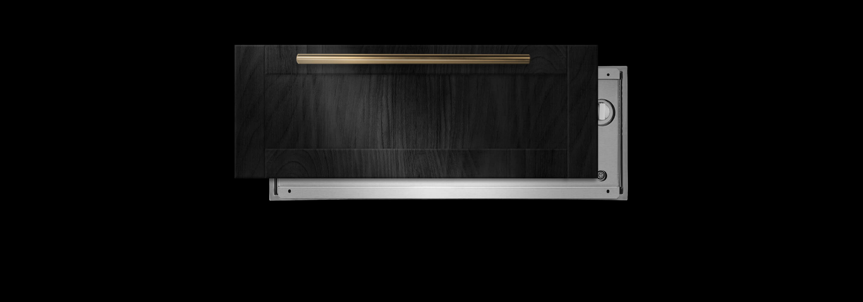 A JennAir® warming drawer with an offset black wooden panel.