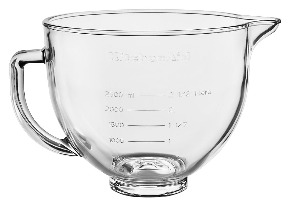 A glass mixing bowl for a KitchenAid Stand Mixer