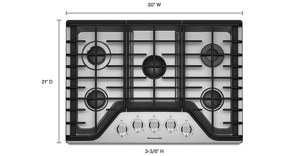 Table de cuisson KitchenAid avec cinq brûleurs.