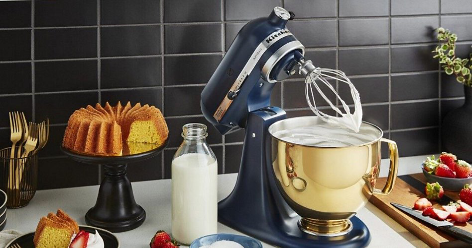 Blue KitchenAid Stand Mixer with attachment