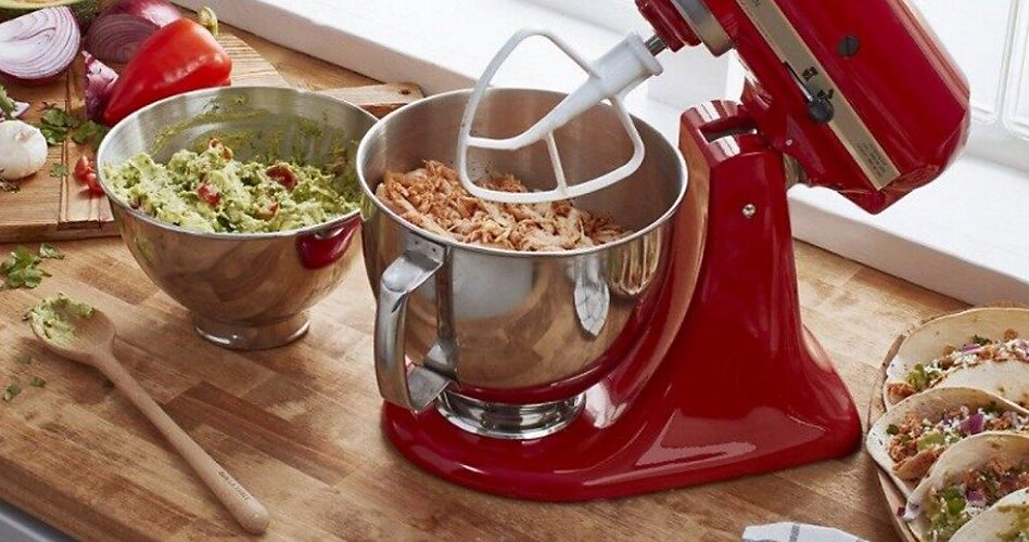 Red KitchenAid Stand Mixer with beater attachment