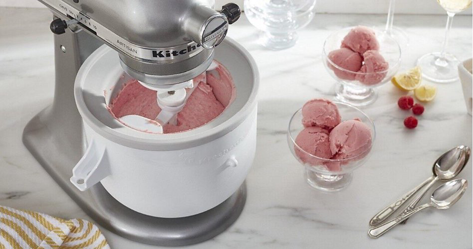 Silver KitchenAid Stand Mixer mixing fresh ice cream