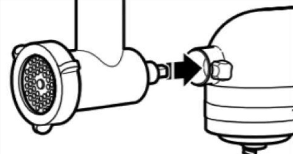 Un dessin montrant comment insérer la tige de l'accessoire dans la prise pour accessoire d'un hachoir à viande