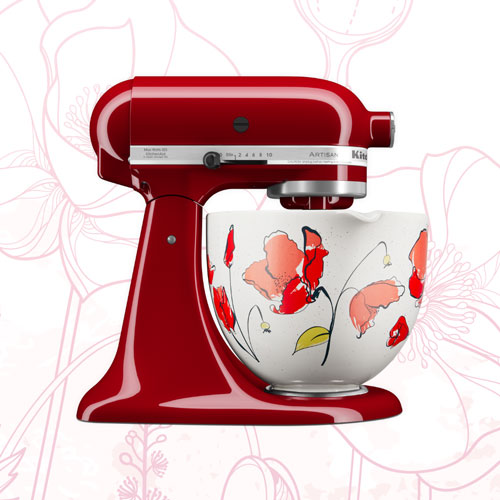  Red Stand Mixer in front of light textured background