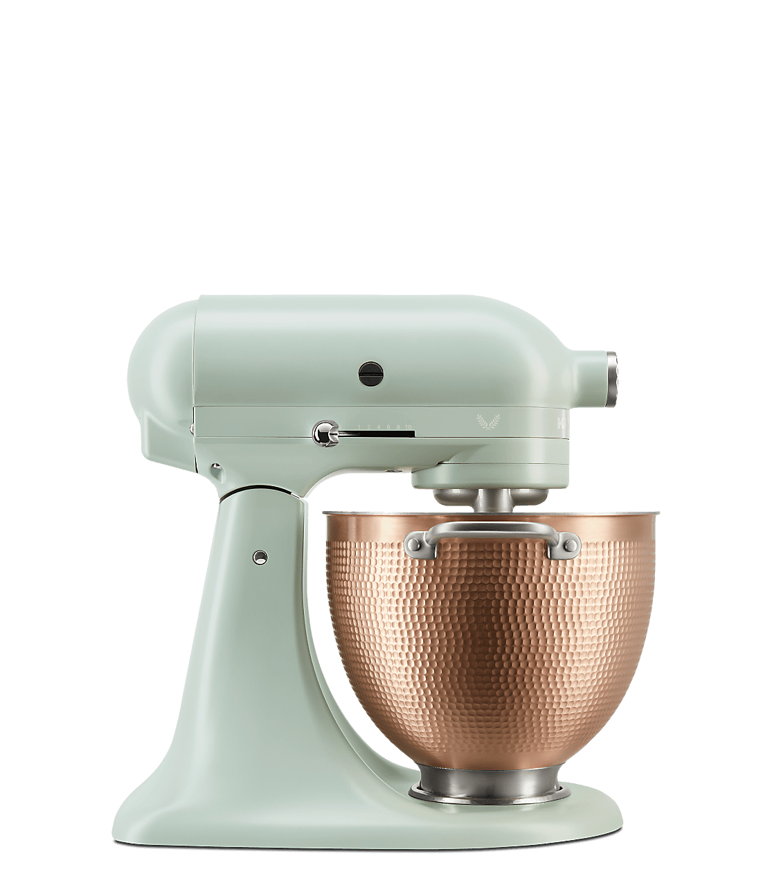 The KitchenAid® Design Series Stand Mixer on a thyme green background with hand-drawn florals and botanicals.