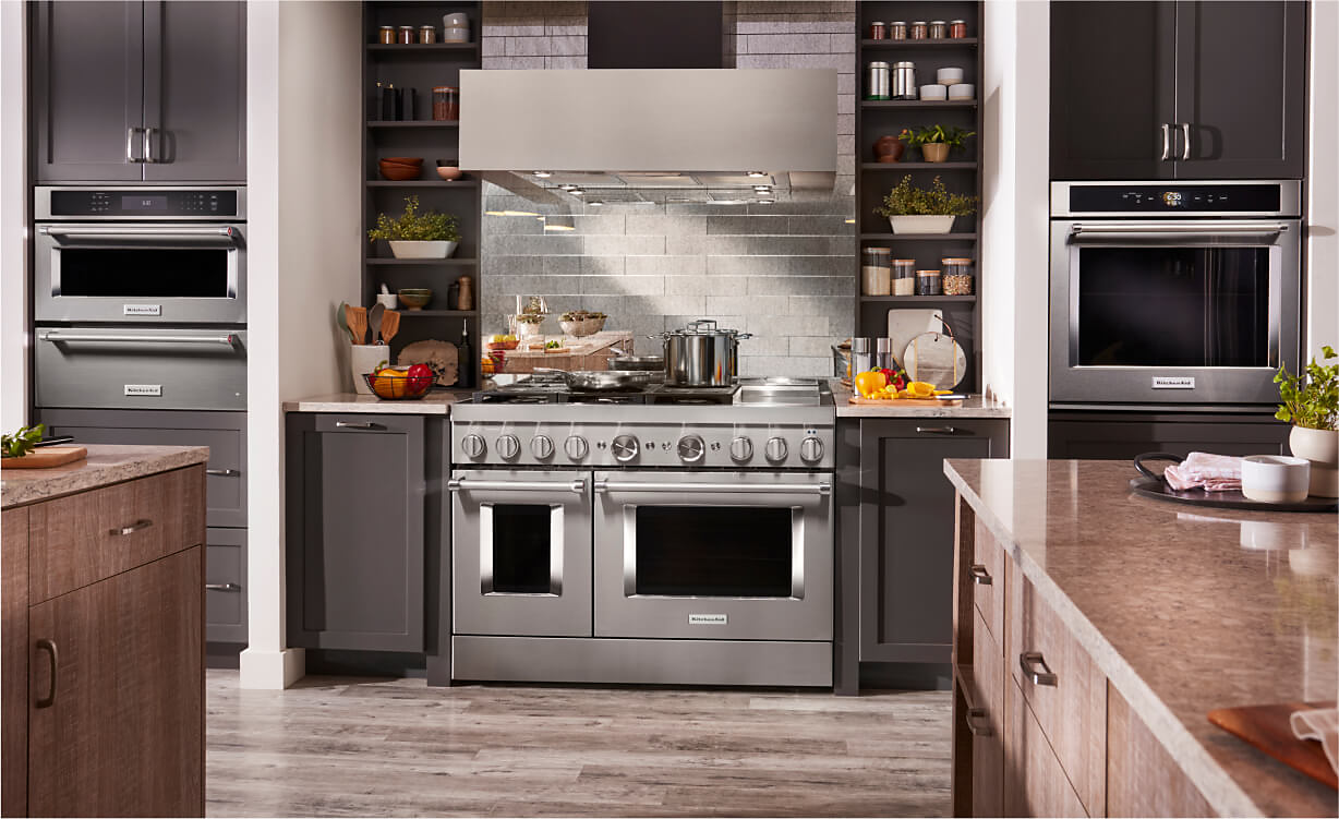 A Stainless Steel KitchenAid® Commercial-Style Range in a modern kitchen.