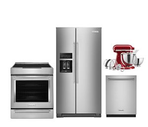A suite of KitchenAid® appliances, featuring a 4-door refrigerator, double wall oven and various countertop appliances.