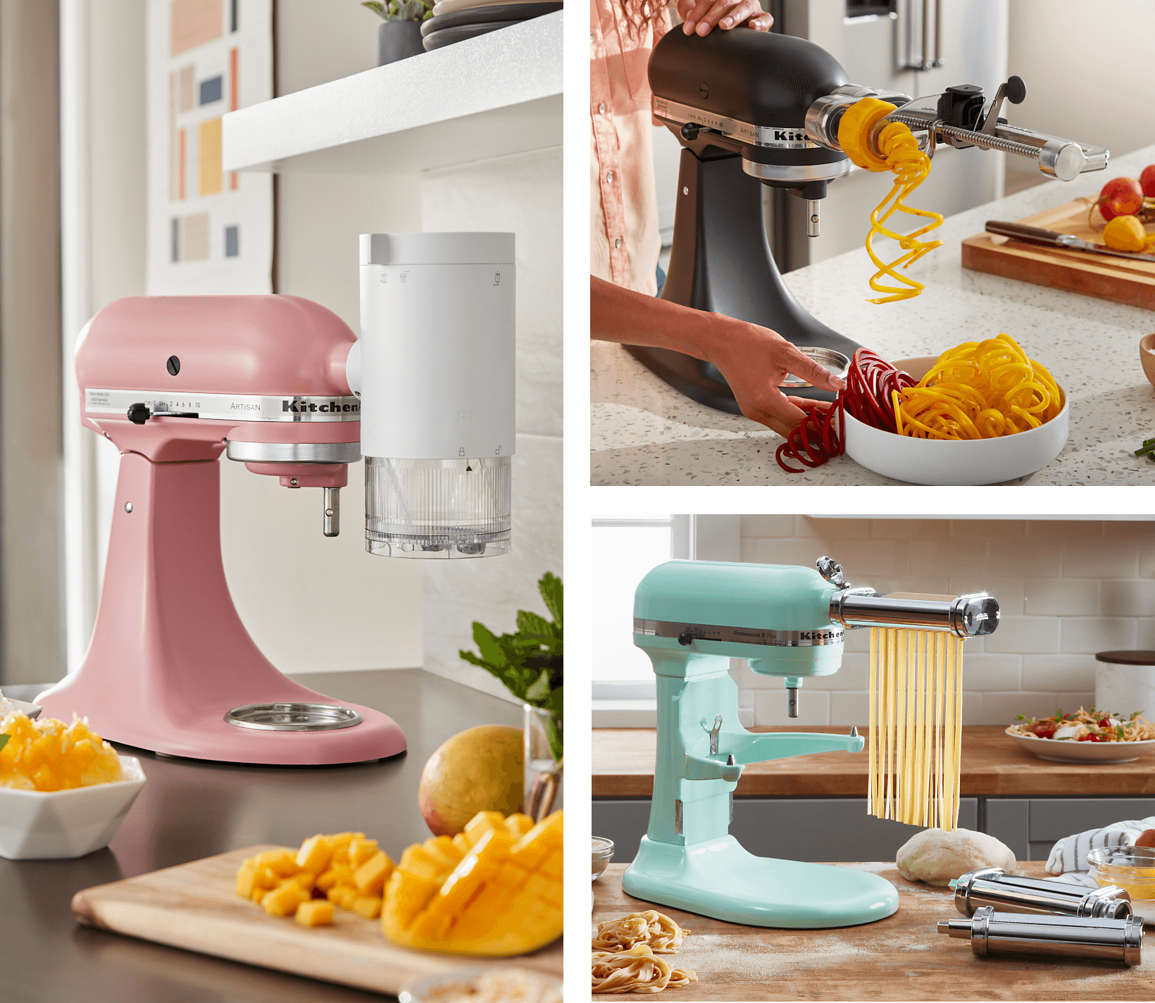 A collection of KitchenAid® Stand Mixers on counters using different attachments to prepare foods.
