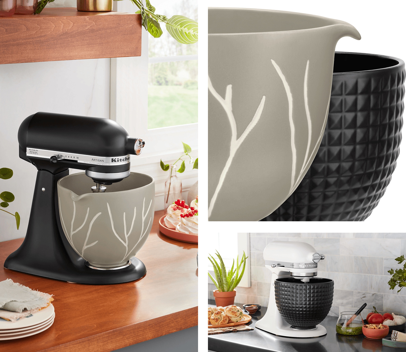 A KitchenAid® Tilt-Head Stand Mixer in Matte Black with a Bare Leaves ceramic bowl.