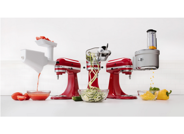 KitchenAid® stand mixers shown with different hub attachments in use.