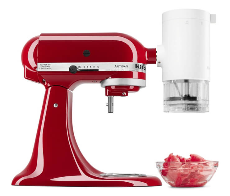 A KitchenAid® Stand Mixer using the Shave Ice Attachment.