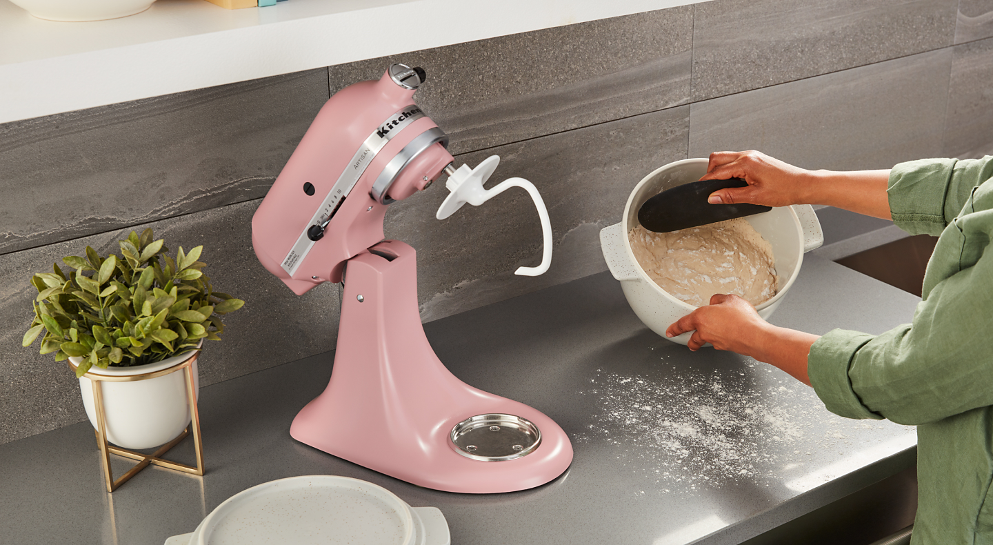 Pink KitchenAid® stand mixer with C-Dough Hook