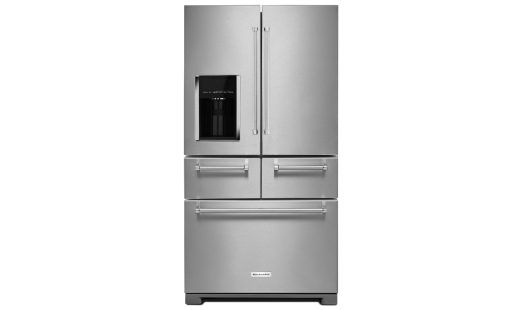 A freestanding refrigerator w/ platinum interior design