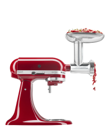 Red KitchenAid® stand mixer with attachments.