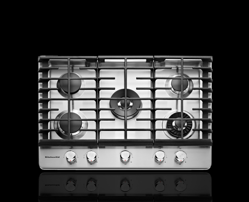 A gas cooktop from KitchenAid brand.