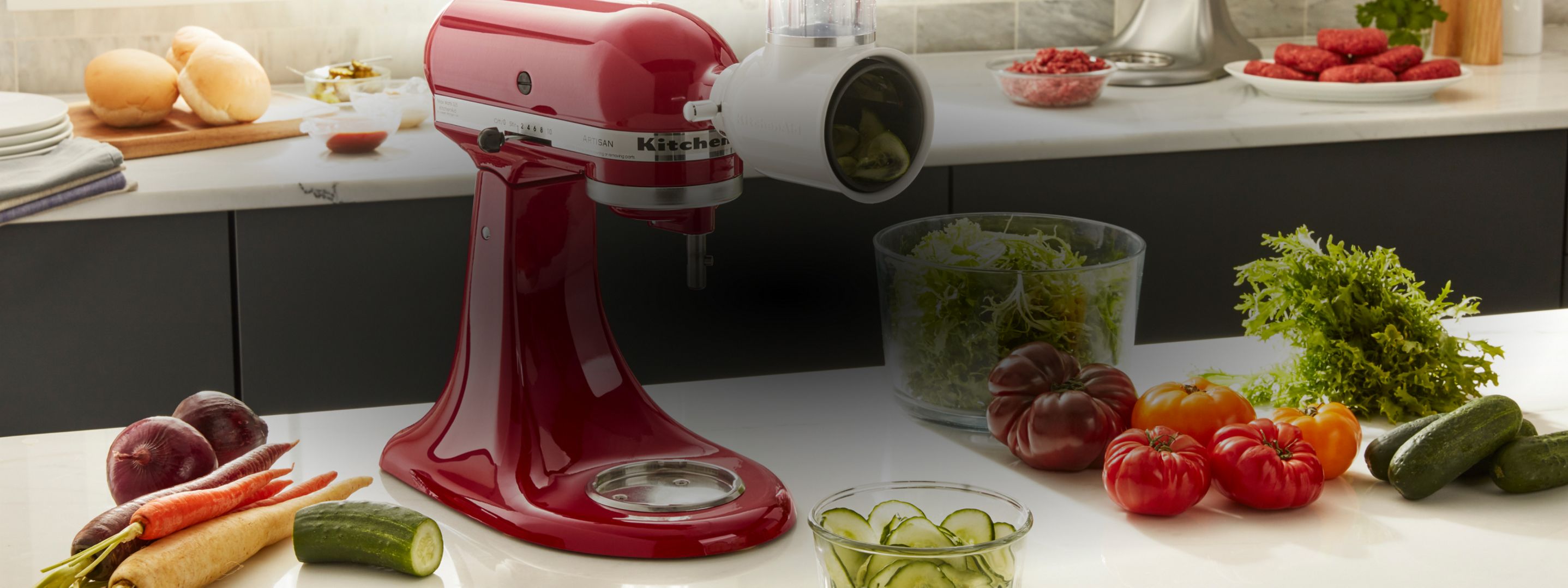 KitchenAid® Artisan® Series 5 Quart Tilt-Head Stand Mixer with Fresh Prep Slicer/Shredder Attachment.