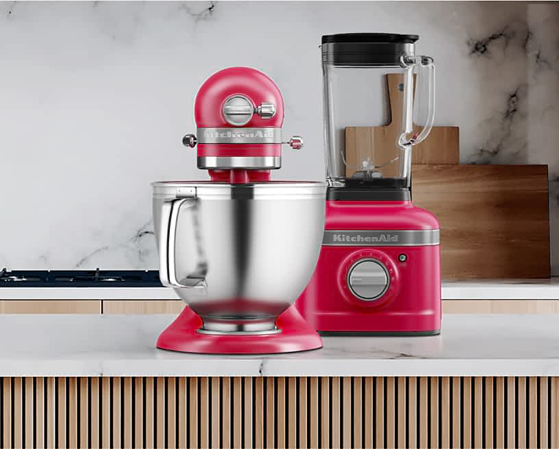 An Artisan® Series Stand Mixer and K400 Blender in Hibiscus.