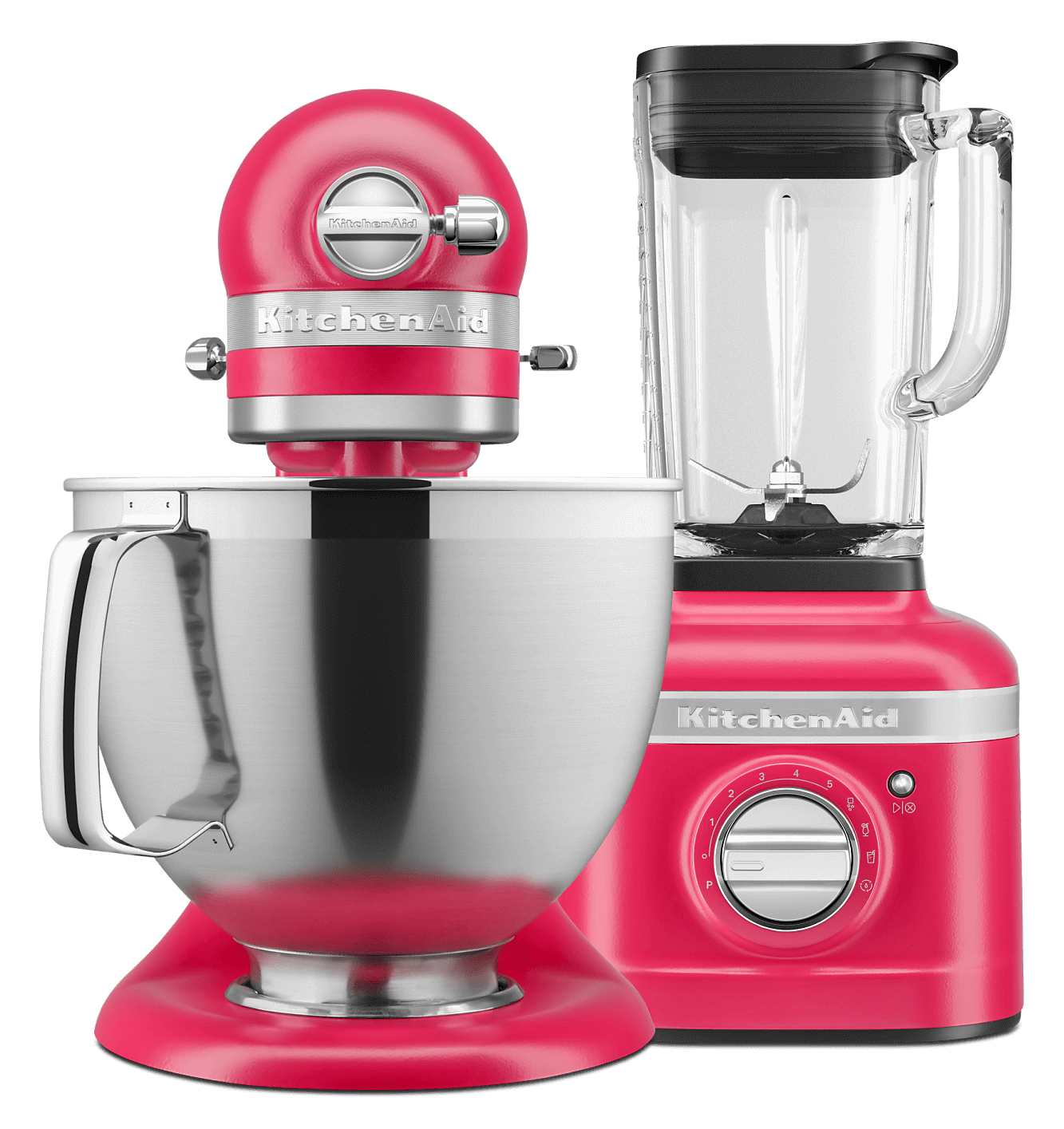 An Artisan® Series Stand Mixer and Blender in Hibiscus.