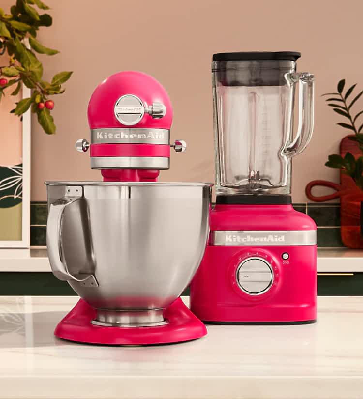 An Artisan® Series Stand Mixer and K400 Blender in Hibiscus.