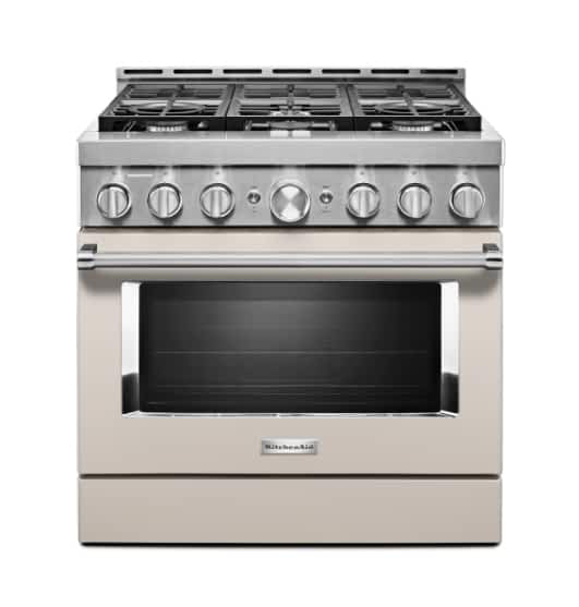 A KitchenAid® 36'' Smart Commercial-Style Gas Range with 6 Burners.